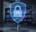 A glowing digital padlock symbol hovering over a smart TV, illustrating the privacy from a VPN for IPTV.